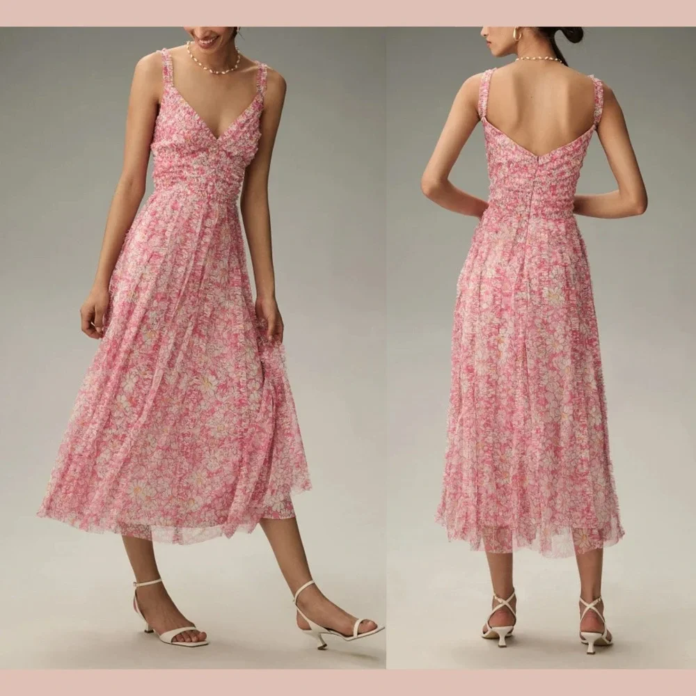 NWT Mac Duggal [ 12 ] 8012 Floral V-Neck Floral A line Midi Dress In Pink #S1938 - Picture 3 of 16